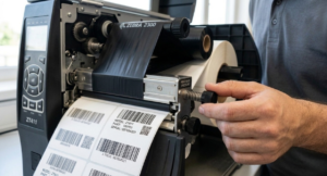 Ipari címke nyomtató manuális beállítása. Illusztráció.