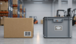 Raktári környezetben két doboz, egyiken vonalkód címke, másikon RFID tag látható