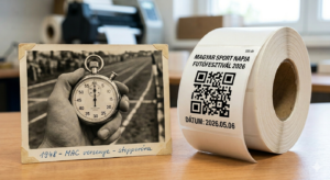 Egy asztalon egy régi fotón stopperóra egy kézben, mellette egy QR-kódos címketekercs