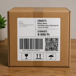 A képen egy szállításra kész e-commerce csomagcímkével ellátott doboz látható.